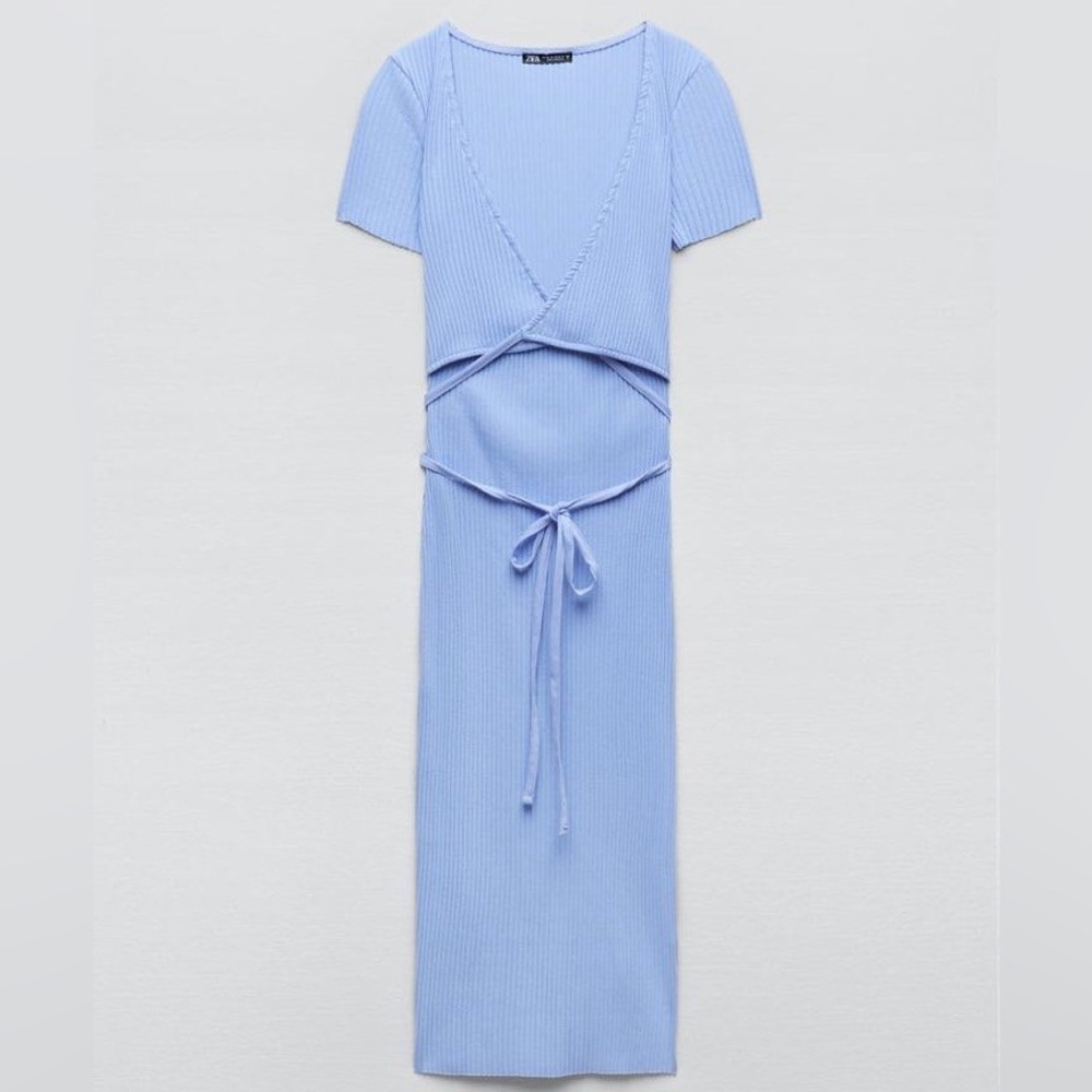 Zara NWT Light Baby Blue Brunch Shower Midi Criss Cross Ties Cut Out Dress Sz M